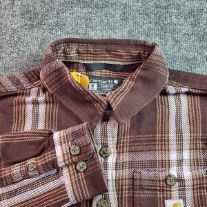 Carhartt Womens Brown Plaid Flannel Shirt Loose Fit Long Sleeve Size S